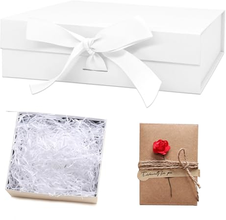 Idota Geschenkbox mit Deckel, Geschenkschachtel Weiß Magnetische Geschenkboxen mit Schleifenband, Grußkarten, Füllmaterial, Geschenkboxen für Hochzeit Geburtstag Weihnachten Jubiläum (Weiß-L)