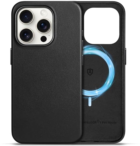 SHIELDON Hülle für iPhone 15 Pro Handyhülle Case [Echtleder] [Kabellos Laden] [Magnet] [Ultra Dünn] [Slim Leicht] Kratzfest Schutzhülle Lederhülle Cover Kompatibel mit iPhone 15 Pro 5G (6,1) Schwarz