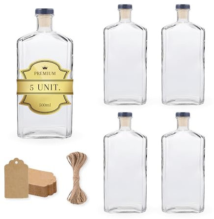 5x Bouteilles de Luxe en Verre 500ml avec Bouchons Encapsulés Argentés + 5 Étiquettes Kraft + Ficelle - Élégance et Modernité pour Boissons, Rhum, Whiskey, Liqueur et Préparations Artisanales