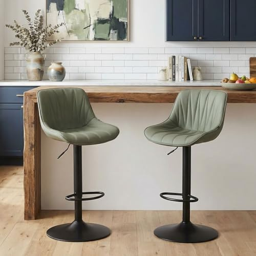 YOUNIKE Bar Stools Set of 2, Swivel Tall Barstools with Back, Adjustable Height Faux Leather Upholstered Modern Counter Height Bar Chairs, Olive Green