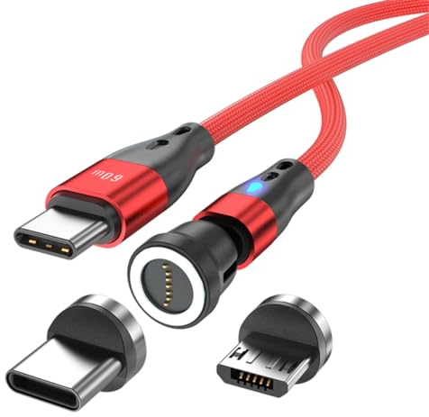 Magnetisches Ladekabel USB C auf USB Type C/Micro USB Magnetkabel PD 60W Schnellladung 1M/2M 540° Drehung 2-in-1 Magnet USB kabel für Android Micro USB Type C Smartphone Tablette Laptop(1m rot)