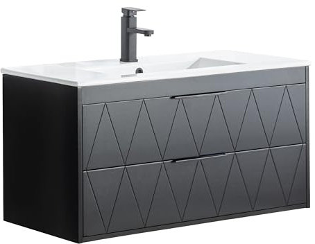 UEV Meuble sous Lavabo Suspendu 90cm, avec Lavabo en Céramique, Robinet, 2 Grands Tiroirs, Meuble Salle de Bain, Motif Ligne, Style Ligne Scandinave (Noir(avec Lavabo), 90 x 45 x 46cm)