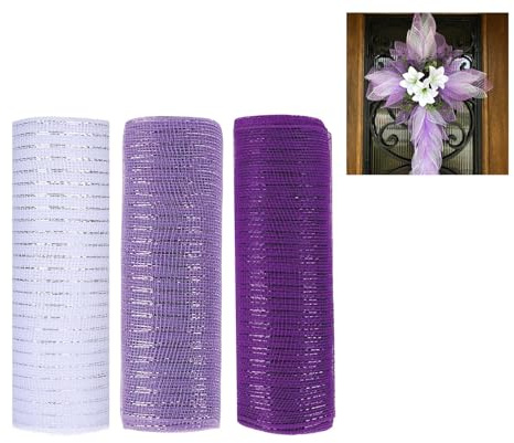 JStnana Deko-Mesh-Band für Kranzherstellung, 25,4 cm x 9,4 m, Metallfolie, Jute, Deko-Mesh-Stoff für Ostern, Frühling, Weihnachten, Türkranz, Girlanden und Dekorieren, 3 Rollen, Weiß/Violett