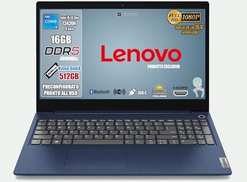 Lenovo Pc Portatile i5 13420H 13ª Gen, Notebook 16GB DDR5, SSD 512GB, FHD 15.6, Win 11 Pro, Wi-Fi, Bt, USB 3.2, Computer Portatile con Tastiera Retroilluminata, Fingerprint, Laptop EXCLUSIVE EDITION