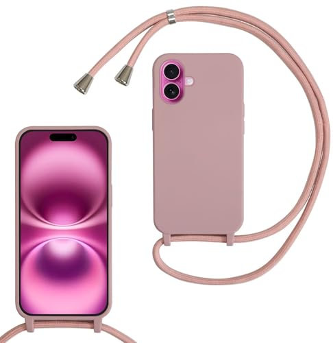SLWYF Compatible with iPhone 16 Plus Crossbody Lanyard Case, Liquid Silicone Protective Phone Case with Strap Adjustable Neck Cord Necklace Soft Cover for iPhone 16 Plus, Sand pink