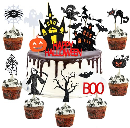 17 Stücke Halloween Cupcake Deko, Cupcake Spieße mit Fledermaus, Geist, Kürbis, Spinne, Schloss und Hexe für Kuchen, Muffins und Torten