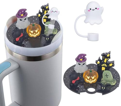 Halloween Ghost Tumbler Name Plate Compatible for Stanley 40 oz Cups, Compatible with Cup Lid Accessories Charm, Ghost Name Plate with Silicone Straw Cover Cap for Stanley Tumblers 40oz