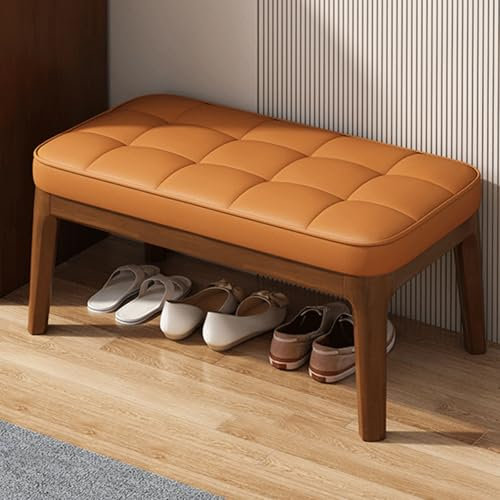 Generisch Esszimmerbank aus Holz im Bauernhausstil, rustikale gepolsterte Eingangsbank, mit Leder gepolsterte Schuhregalbank für Esszimmer, Wohnzimmer, Flur, Schlafzimmer (braun, 52 cm)