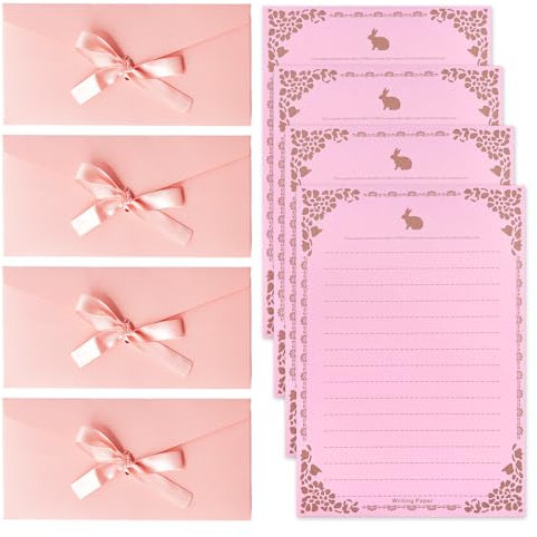 4 Stück Rosa Umschläge, 4 Briefpapierbögen Mit Hasenmuster, Geschenkumschläge Mit Schleifen, Niedliche Grußkartenumschläge, Geeignet Für Einladungen, Grußkarten, Geschenkkarten