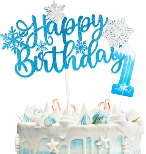 Snow Thema Kuchen Deko mit Happy Birthday Tortendeko und Geburtstagskerzen Zahl 1 für 1.Geburtstag Mädchen Junge Kinder Geburtstagsfeier