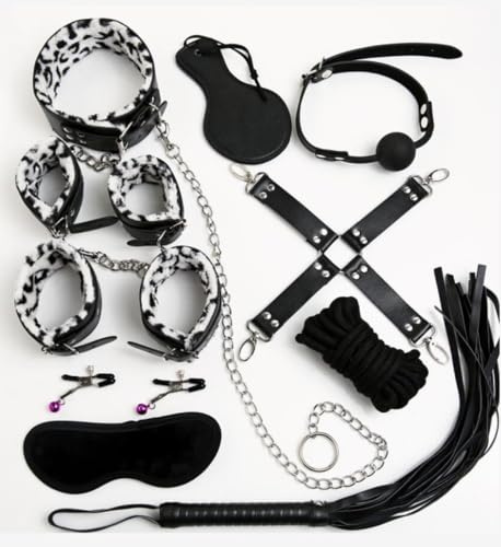 BONDAGERIE® Kit Accessori completo 10 Pezzi per Coppia con GàgBall in SIlicone, Manette, Corda, Collare, Guinzaglio, Frustino Flogger, per donna uomo hot