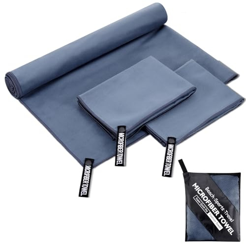Zocipro 3 Stück Mikrofaser Handtuch, Groß (180 * 80cm) & 2 Stück Klein (80 * 40cm) Handtücher, Badetuch, Strandhandtuch, Reisehandtuch Schnelltrocknend für Camping,Reisen,Strand,Yoga, Sport(Blau)