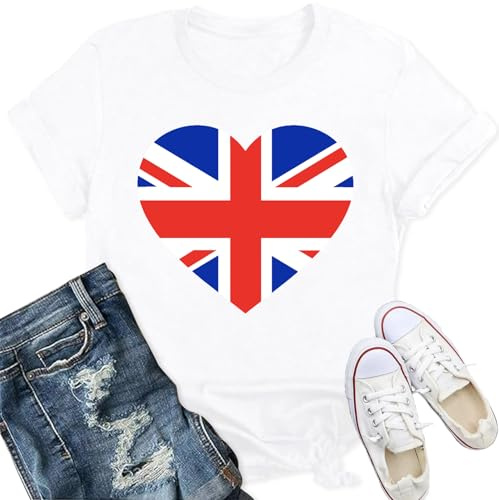 Qskall Women's Union Jack T Shirt British Flag Themed Shirts Heart Print Tee Tops White