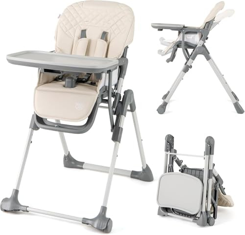 LIFEZEAL Klappbarer Hochstuhl, Tragbarer Babystuhl mit verstellbarem Kindersitz, 5 Höhenstufen, 2 Liegepositionen, 3 Tablettpositionen, Klapphochstuhl für Babys von 6 bis 36 Monaten (Beige)
