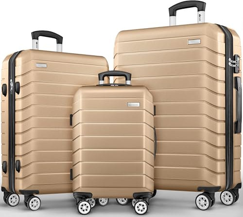 tillvex® Set de 3 Valises de Voyage + Balance, 6 Sangles à Bagages et 3 étiquettes à Bagages | Lot de valises avec roulettes et TSA Lock | Sacs de Voyage à Coque Rigide M-L-XL (Champagne)