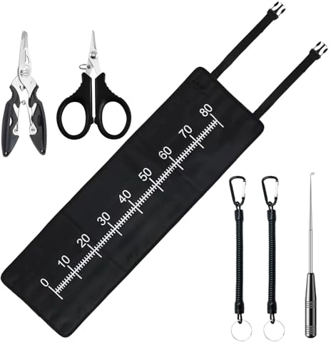 Fyfjur Abhakmatte Angeln, 1 Stück 98x30,5cm Abwaschbar Abhakmatte mit MaßBand Angelzange Hakenlöser Angelschere Hakenlöser Angeln Sicherheitsseil, Tragbar Angelzubehör