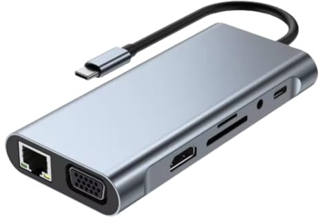 HCUSR Docking Station 11 in 1 Type-C to HDMI USB C Multiport Adapter with 4xUSB, RJ45 100MB, VGA, 4K 30Hz, TF/SD Card, 3.5mm Audio, PD 100W USB Hub Splitter Adapter for PC Laptop