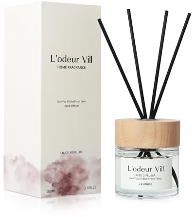 L'odeur Vill Raumduft Reed Diffuser 100ml,mit 6 Duftstäbchen, Langanhaltender Duft für Wohnzimmer Schlafzimmer Bad Büro (Jasmin)