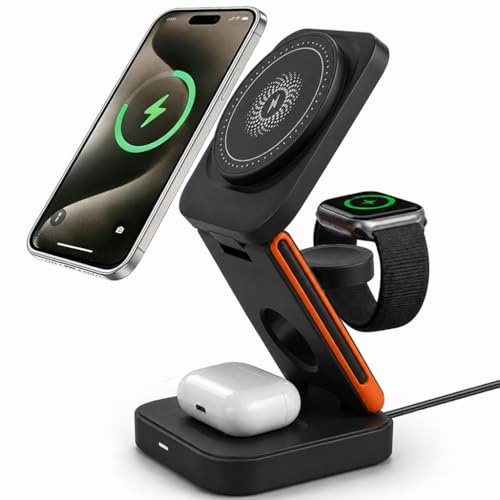 Cargador Inalámbrico Magnético 3 en 1 Base Carga Rápida 15W Plegable USB-C | Soporte Compatible iPhone 17/16/15/14/13/12 Pro Max, Apple Watch y AirPods Pro/4/3/2