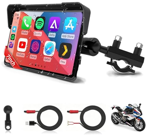 Liquidación 7'' Pantalla Carplay Moto Android Auto con USB/Acc Anschluss | Inalámbrico CarPlay y Android Auto, Impermeable 2.5D IPS Pantalla Táctil, Audio Bluetooth, Siri/G-oogle Assistant