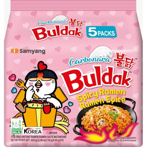 Samyang Buldak Carbonara Instant Noodles 130g (Pack of 5) – Korean Spicy Creamy Carbonara Ramen (Pink Pack) | Hot Chicken Flavour Noodles | Perfect for Spice Lovers | Popular Korean Favorite