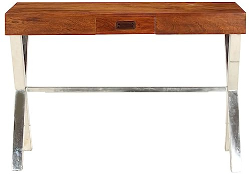 RuiNingRN Schreibtisch Massivholz Akazie honigfarben 110x50x76 cm mit Schublade pulverbeschichtetes Eisen Gestell kompakter Home Office Tisch stabil langlebig für Arbeitszimmer und Büro