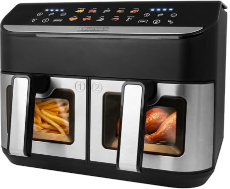 Heißluftfritteuse XXL 9L Dual mit 2 Körben, Doppel Airfryer Family 2900W, Sync Funktion, 10 Automatikprogramme, DuoHeat Ober- und Unterhitze, Touchscreen Farbdisplay, 80-200°C