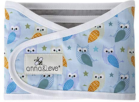 Anna & Eve® - Baby Swaddle Strap®, Verstellbare Arme nur für sicheren Schlaf – Kleine Größe passend für Brustumfang 34 bis 43, Eulenblau/Grün