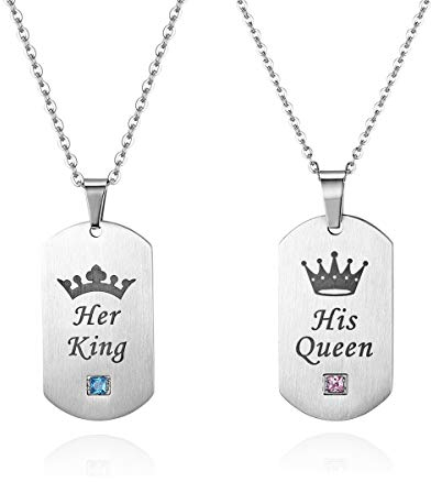 JewelryWe Schmuck 2pcs Freundschaftsketten Edelstahl Zirkonia Partner-Anhänger Partnerketten mit His Queen Her King Dog Tag Anhänger Paare Halskette Kette mit Gravur für Damen Herren Silber