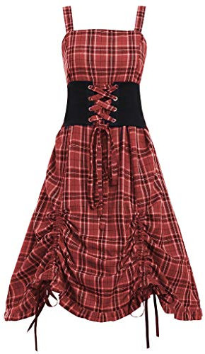 Lazzboy Women Sexy Plaid Print Waist Seal Irregular Lace Up Tank Dress Damen Karokleid ärmellos Vintage Midi Kariertes Kleid A-Linie Mit Gürtel Cocktailkleid Partykleid(Rot,5XL)