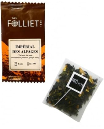 CAFÉS FOLLIET - Thé Vert & Noir - Impérial Des Alpages - Génépi - Confort Digestif - Sachets d'origine végétale - 24 Sachets