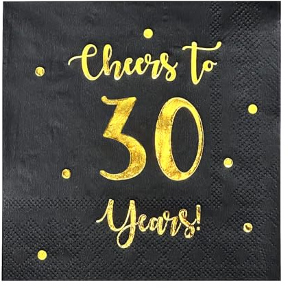 Cheers to 30 Years Cocktail Napkins | Happy 30th Birthday Decorations for Men and Women and Wedding Anniversary Party Decorations | 50-Pack 3-Ply Napkins | 5 x 5 inch folded (Black)