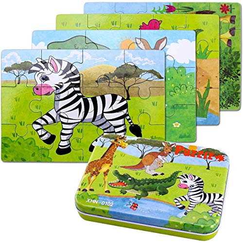 BBLIKE Jigsaw Puzzles Toy in a Box for Kids, Pack of 4 with Varying Degree of Difficulty Educational Learning Tool Best Birthday Present for Boys Girls (Zebra, Giraffe, Crocodile, Kangaroo)
