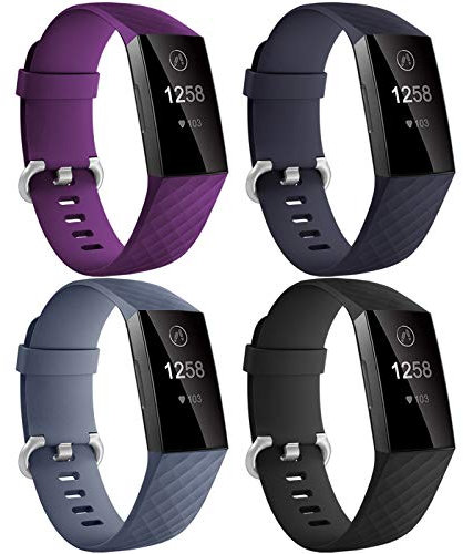 Dirrelo Compatible avec Fitbit Charge 3/Fitbit Charge 4 Bracelet pour Femmes Hommes, 4 Pack Étanche Remplacement de Silicone Réglable Sport Bracelets pour Charge 3/4/SE, Noir+Prune+Bleu Ardoise+Bleu S