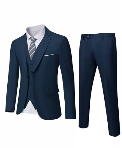 YND Herren Slim Fit 3-teiliger Anzug, Ein-Knopf, solide Jacke, Weste, Hose Set mit Krawatte, dunkelblau, XL