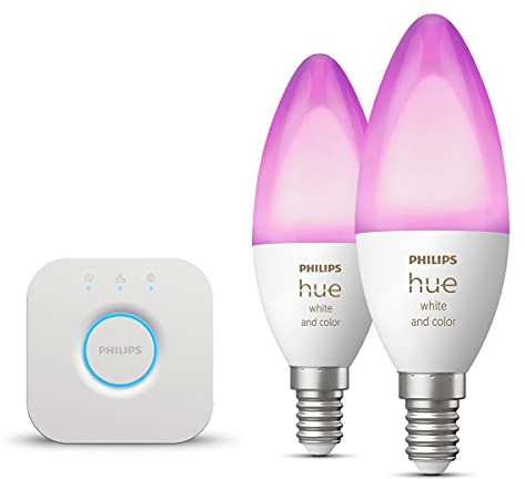 Philips Hue Starterpaket - E14 - mit 2 Kerzen LED Lampen - Weißes und Farbiges Licht - inkl. 1 Hue Bridge - Hue White and Color Ambiance