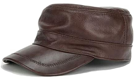 Herren Baseballkappe aus echtem Leder, flache Oberseite, Armee-Kappe, verstellbar, Militär-Mütze, flache Kappe, Casquette, warm, klassisch, 2 Farben, braun, 7.583333333333333