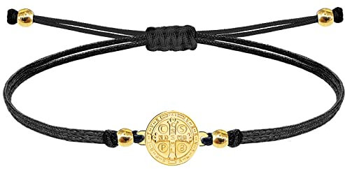 coitgo-Pulsera con amuleto de la Suerte y Protección Acero inoxidable- Pulsera Mujer o Hombre - Pulsera san benito - Pulsera Hilo Encerado Hecho a Mano (San Benito Dorado)