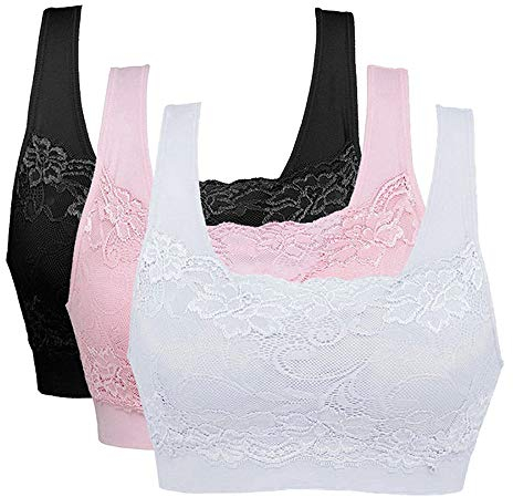 Vertvie Womens Strech Ohne Buegel Push up Yoga Sports BH Bra Top Set Fuer Fitnesstraining Polsterung 3er Pack (EU XXL/Tag 3XL, Schwarz+Rosa+Weiß)