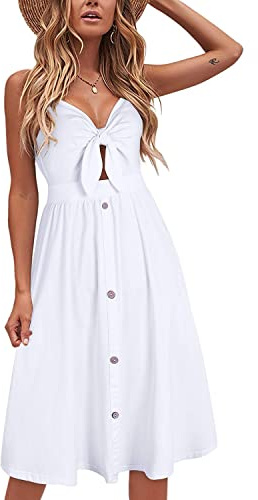VOTEPRETTY Womens Summer Dresses White Beach Dress Tie Front Strappy Sundress with Pockets for Party Vacation