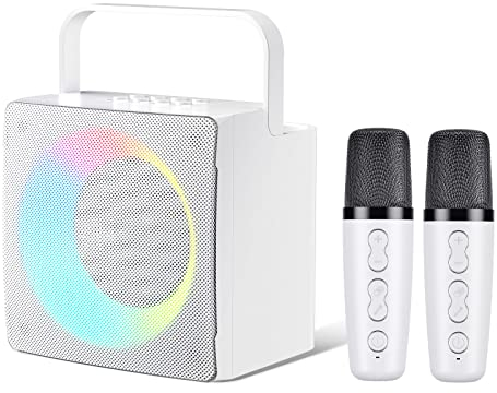 HIUYRFS Máquina de Karaoke con 2 Micrófonos Inalámbricos, Altavoz Bluetooth Efectos Cambiador de Voz y Luces LED, Karaoke Completo Portátil Soporte Tarjeta TF, AUX, USB, Blanco