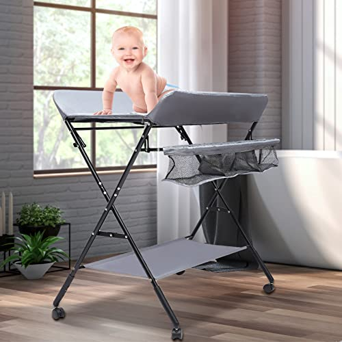 Wickelkommode mit Wickelauflage, Wickeltisch Klappbar für Babys, 3 stufig-höhenverstellbares Wickelregal mit Sicherheitsgurt, Wickelkombi auf Rollen Traglast bis 25 kg (Dunkelgrau mit Rädern)