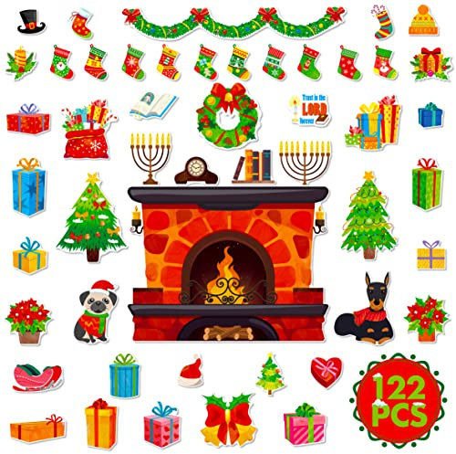 122 decoración de tablones de anuncios de Navidad, Vacaciones de Invierno Felices, Chimenea, Vela, Corona, Corte de cartón, Clase, Puerta, Ventana, Fiesta temática de Navidad