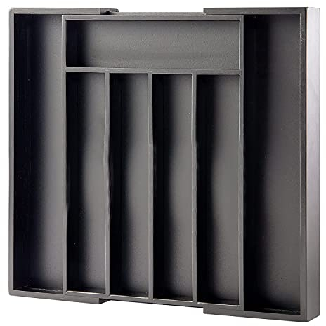 MASS DYNAMIC Cutlery Drawer Organiser, Expandable Bamboo Cutlery Tray for Kitchen Utensil, Adjustable Silverware and Flatware Holder, 7 Slots Storage for Spoons Forks Knives (Black)