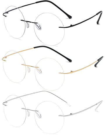 KOOSUFA Titan Runde Randlose Brillengestelle Blaulichtfilter Brille Mode Computerbrille Herren Damen Metallrahmen Ultra Leicht Gaming Brillenfassung Brille ohne Stärke Schwarz+gold+silber