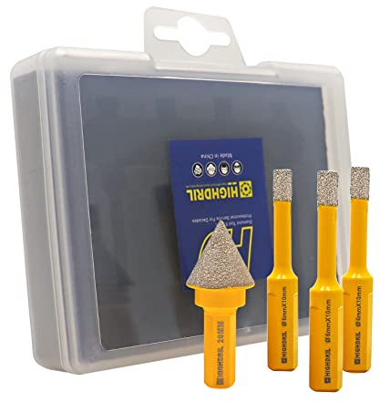 HIGHDRIL Diamant Bohrer Set - 4 Stück (6/6/6mm+20mm Fasenbohrer) Diamant Lochsäge Set für Keramik Porzellan Fliesen Granit Marmor Ziegel Dekton mit Dreikant-Schaft