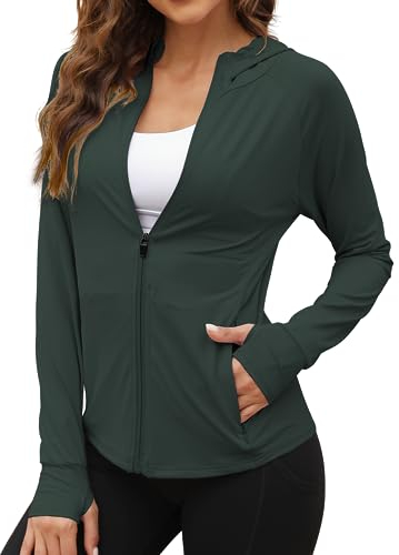 We1Fit Women's UPF 50+ Sun Protection Jacket Hoodie Sun Shirts Hiking Running Athletic Shirt, Dark Green, L
