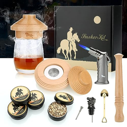 Cocktail Smoker Kit, Flambierbrenner, Cocktail Zubehör mit 4 Geschmacksrichtungen Holzchips & Holz-Muddler & Likör-Ausgießer, Old Fashioned Whiskey Smoker Drinks Kit(Butan Nicht inbegriffen)