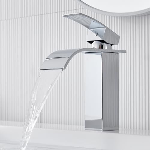 Rubinetto Bagno Lavabo ha Cascata, Auralum Nuovo Aggiornamento Miscelatore Lavabo Bagno Silenzioso, Rubinetti del Bacino in Acciaio Inox, 30% di Risparmio Idrico, Cromato