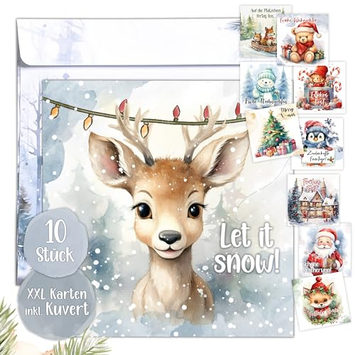 TOBJA Frohe Weihnachten Karte, 10 XXL Weihnachtskarten mit Umschlag Set - Lustige, süße Motive, 14,8 x 14,8 cm | Große Weihnachtskarte in 10 Variationen inkl. Umschläge.
